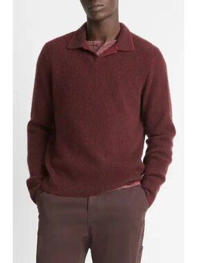Vince Mens Plush Cashmere Thermal Johnny-Collar Sweater Pullover Burgundy Size M
